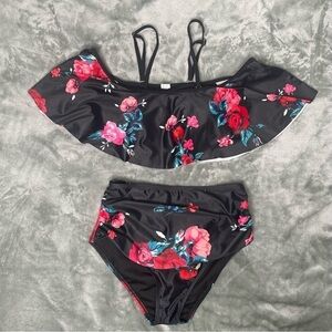 Y2K Floral Bikini Set Off Shoulder Top High Waisted Bottoms Size Small